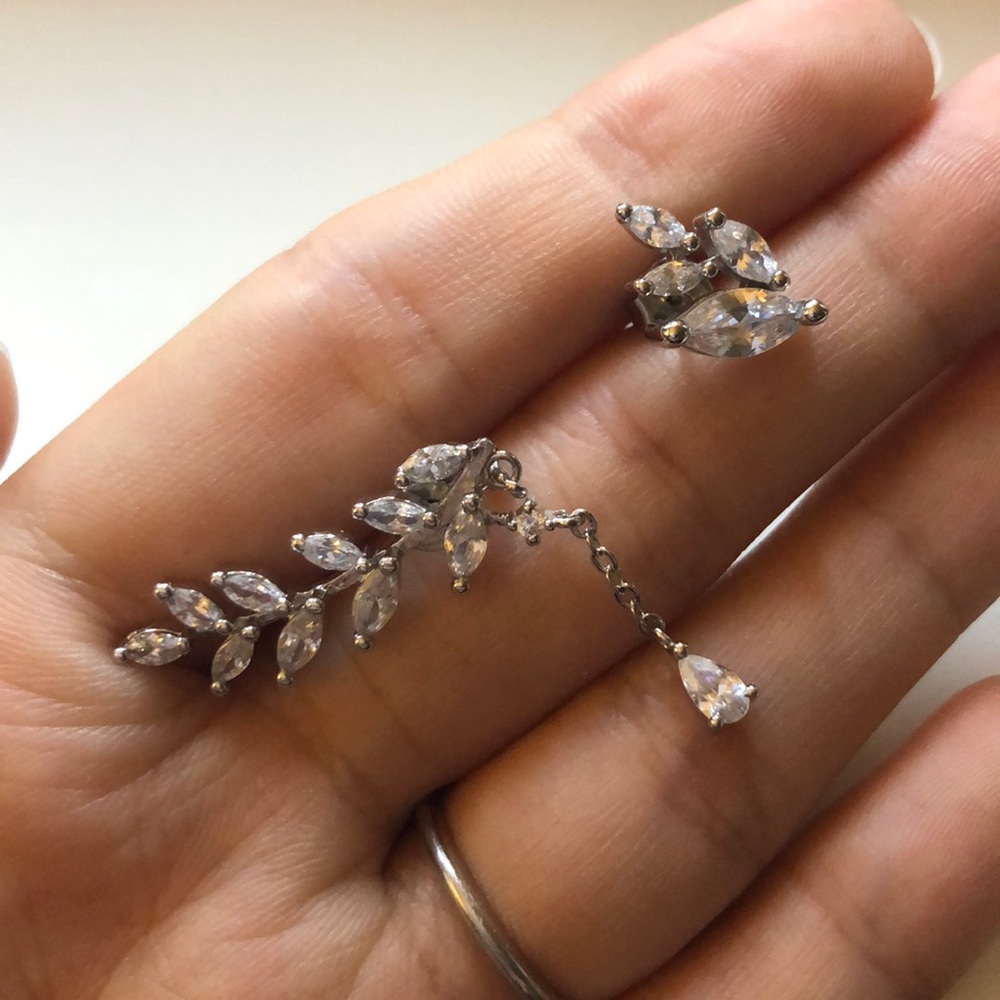 Sterling Silver Cubic Zirconia Leaf Stud Earrings